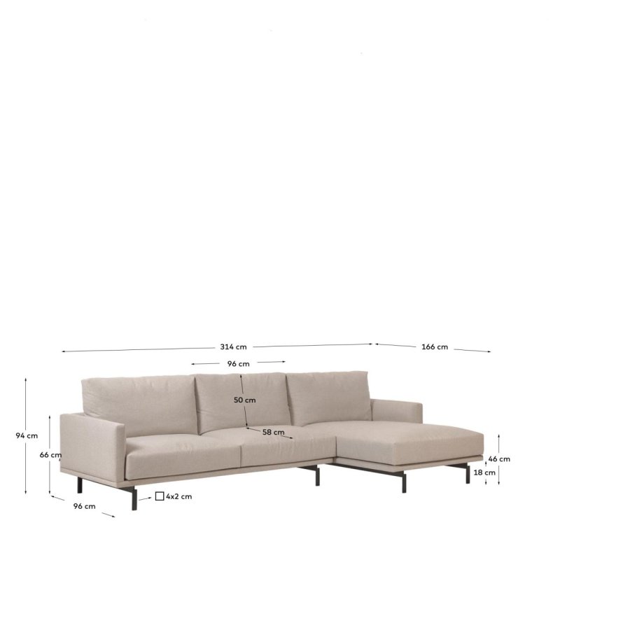 KAVE HOME Galene 4-manns sofa, med hyre sjeselong - beige resirkulerte fibre og jern