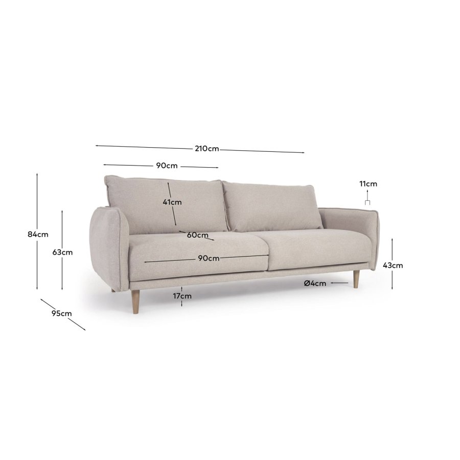 KAVE HOME Carlota 3-seters sofa - beige chenillestoff og naturlig furu