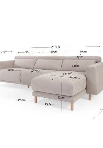 KAVE HOME Singa 3-manns sofa, med hyre sjeselong - beige stoff og naturlig bketre