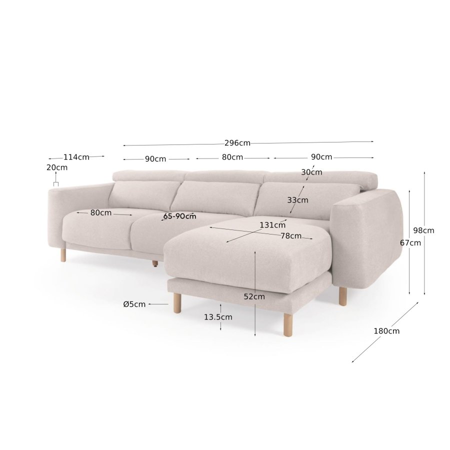 KAVE HOME Singa 3 pers. sofa, m. h�jre chaiselong - hvid stof og natur b�getr�