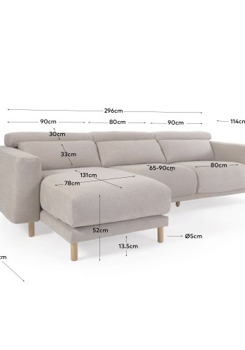 KAVE HOME Singa 3-manns sofa, med venstre sjeselong - beige stoff og naturlig bketre