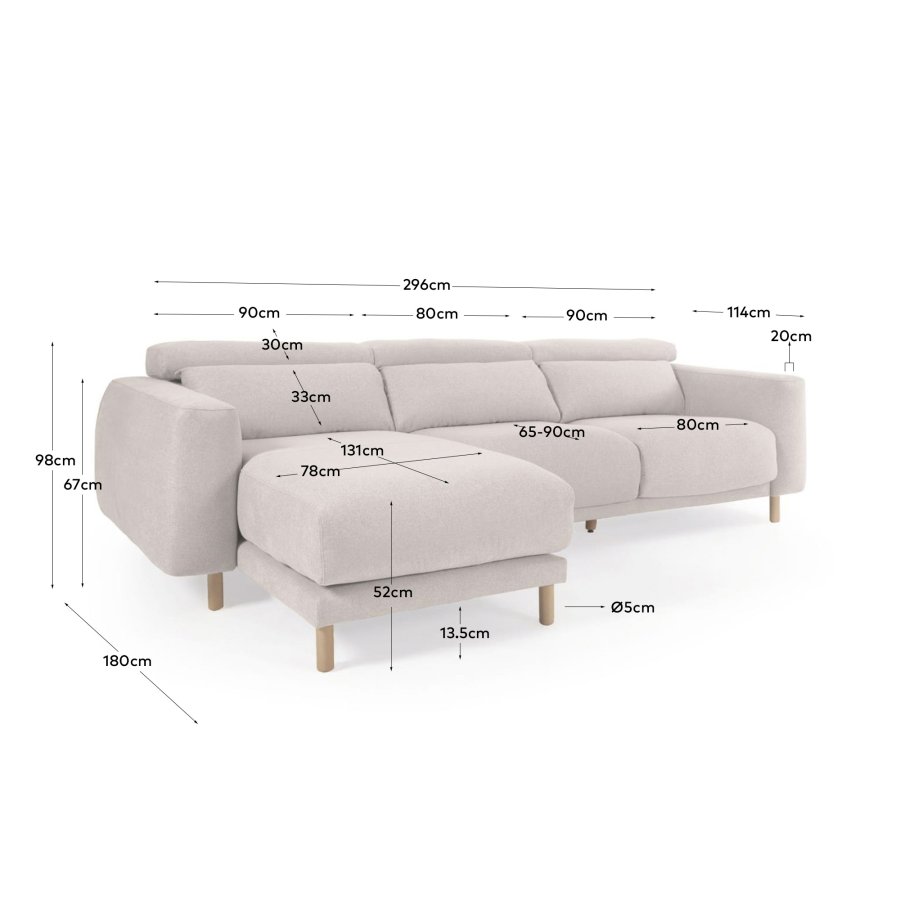 KAVE HOME Singa 3 pers. sofa, m. venstre chaiselong - hvid stof og natur b�getr�