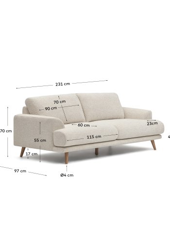 KAVE HOME Karin 3-manns sofa - beige stoff og naturlig bketre
