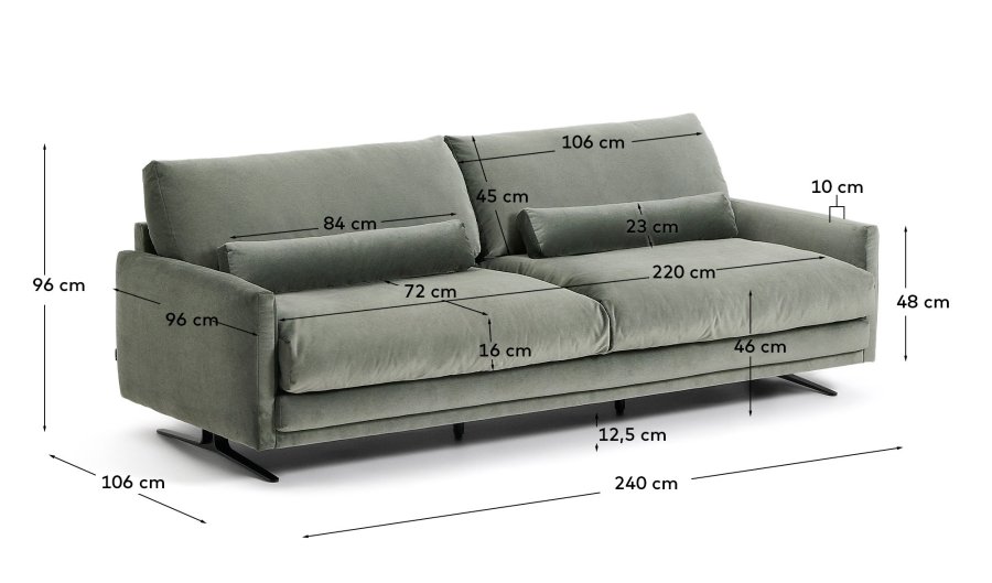 KAVE HOME Veliro 3 pers. sofa - gr�n fl�jl stof og sort st�l (240cm)