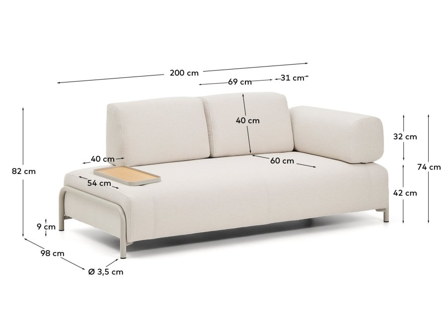 KAVE HOME Compo 2-pers. sofa, lille egefin�r bakkebord - ecru chenille stof og beige metal (200cm)