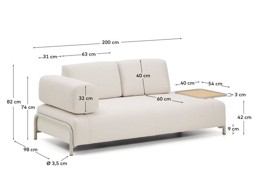 KAVE HOME Compo 2-pers. sofa, stort egefin�r bakkebord - ecru chenille stof og beige metal (200cm)