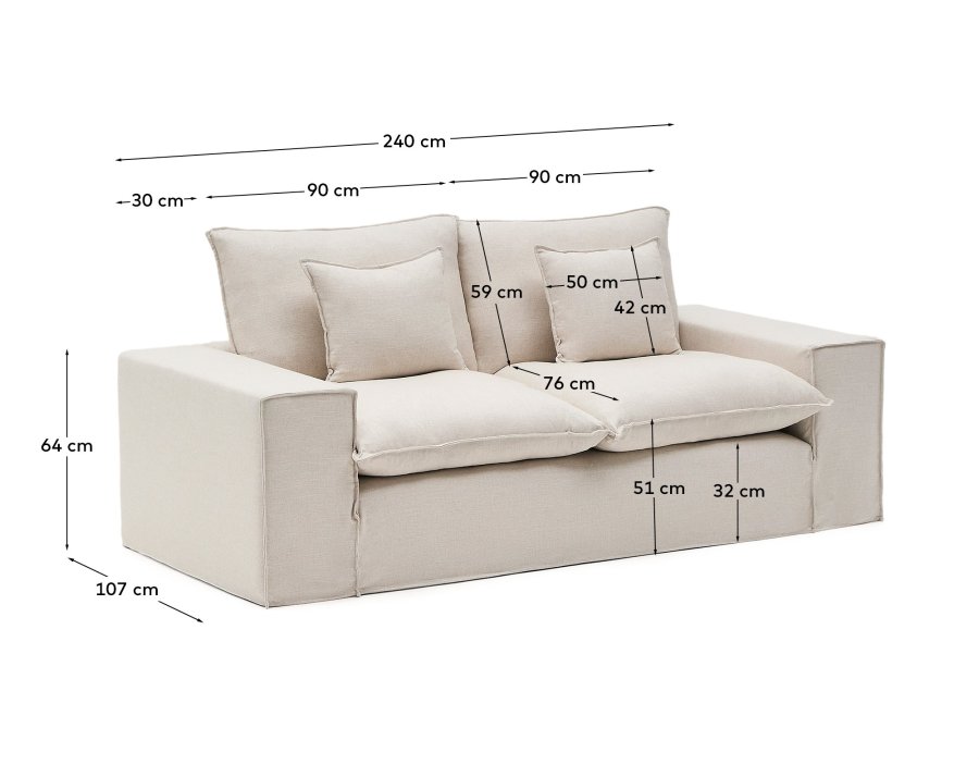 KAVE HOME Anarela 2-pers. sofa, m. aftageligt betr�k og hynder - beige h�r (240cm)