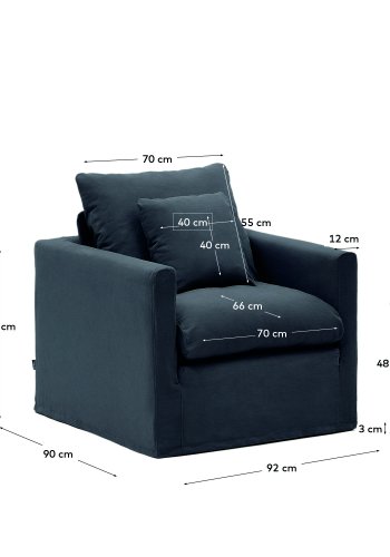 KAVE HOME Nora lenestol med avtagbart trekk og pute i antrasittgr lin og bomull, 92 cm