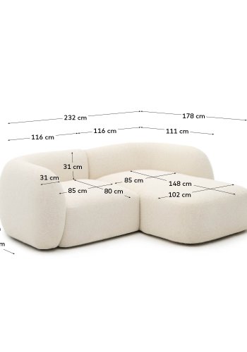 KAVE HOME Modulr 2-seters sofa Martina i ecru chenille med hyre sjeselong 230 cm
