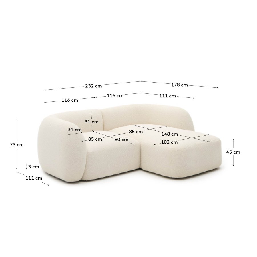 KAVE HOME Modulr 2-seters sofa Martina i ecru chenille med hyre sjeselong 230 cm