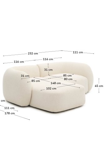 KAVE HOME Modulr 2-seters sofa Martina i ecru chenille med venstre sjeselong 230 cm
