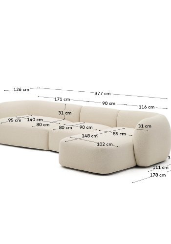 KAVE HOME Modulr 4-seters sofa Martina i ecru chenille med hyre sjeselong 377 cm