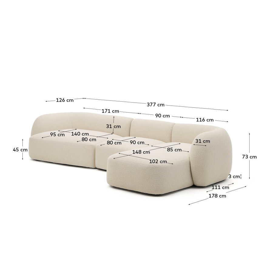 KAVE HOME Modulr 4-seters sofa Martina i ecru chenille med hyre sjeselong 377 cm