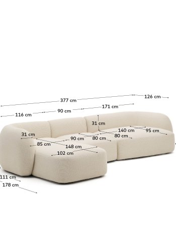 KAVE HOME Modulr 4-seters sofa Martina i ecru chenille med venstre sjeselong 377 cm