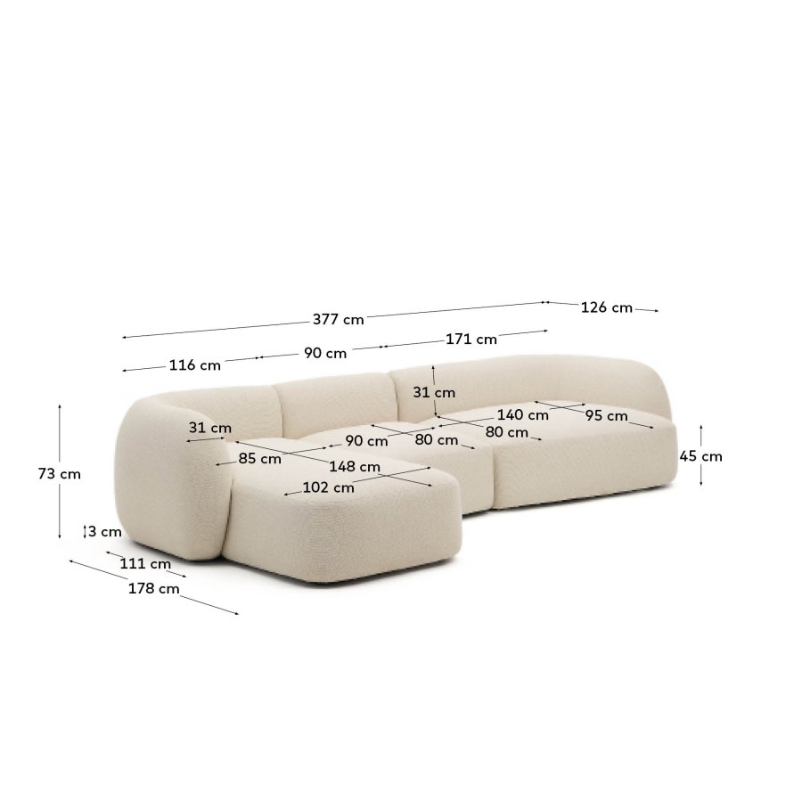 KAVE HOME Modulr 4-seters sofa Martina i ecru chenille med venstre sjeselong 377 cm