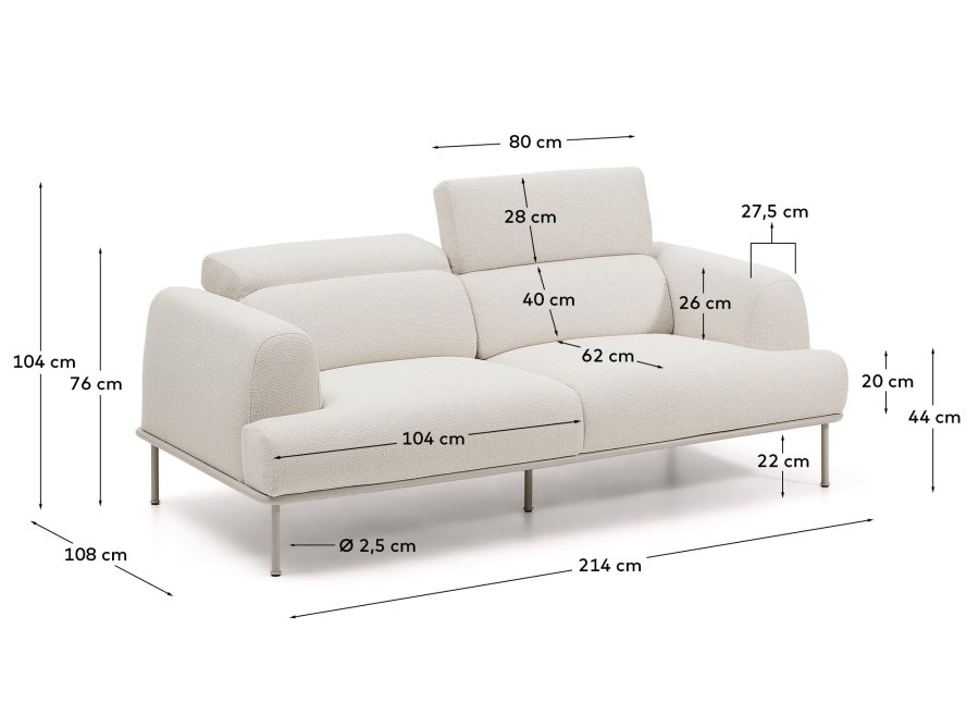 KAVE HOME Aurum 2-pers sofa, m. bev�gelig nakkest�tte - ecru chenille og mat beige metal