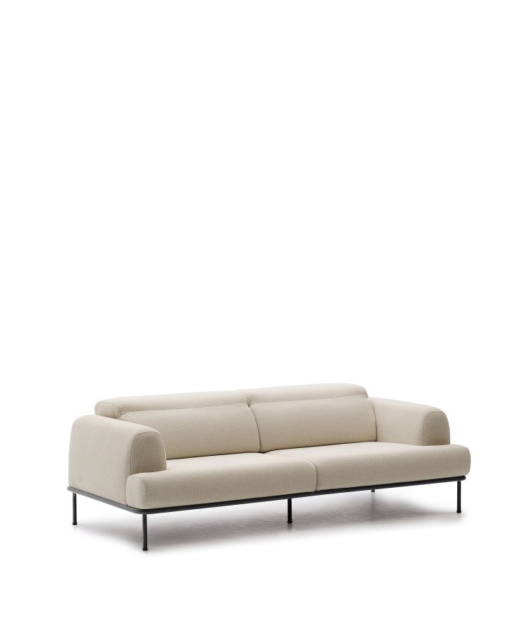KAVE HOME Aurum 3-seters ecru sofa med justerbar nakkesttte og matt gr metallbase, 234 cm FSC Mi