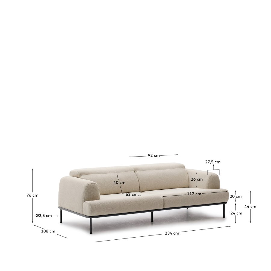 KAVE HOME Aurum 3-seters ecru sofa med justerbar nakkesttte og matt gr metallbase, 234 cm FSC Mi