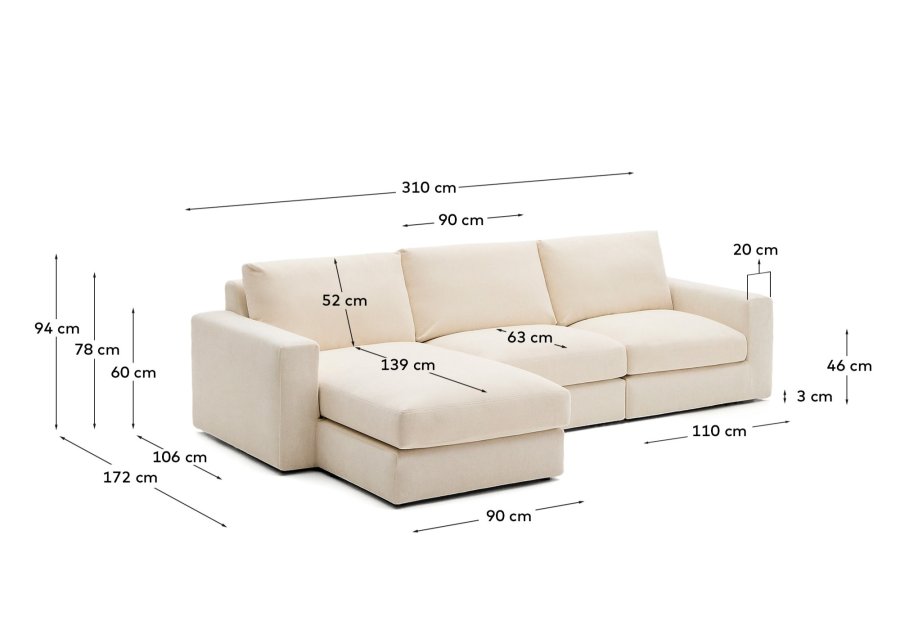 KAVE HOME Alea 4-pers. modulsofa, m. venstre chaiselong, aftageligt betr�k - ecru chenille (310cm)