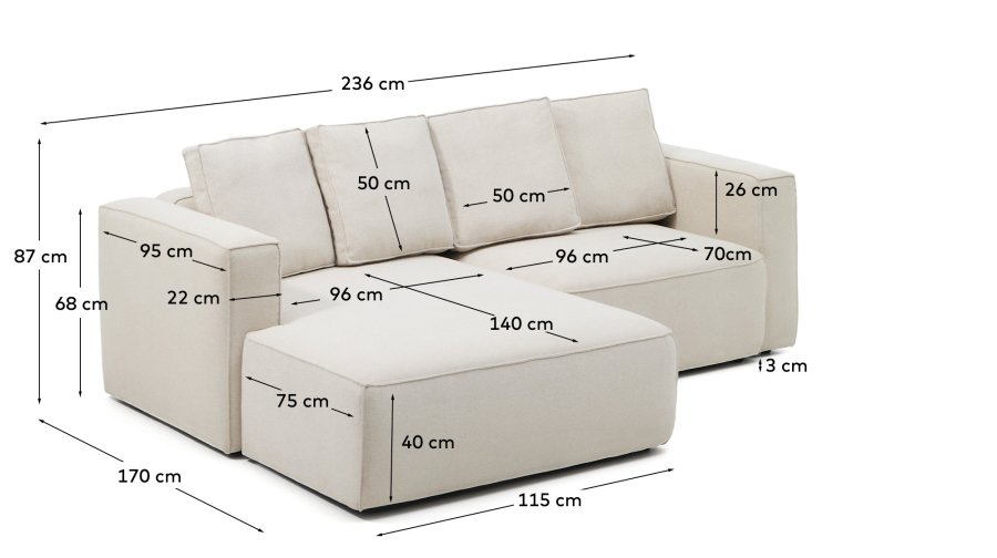 KAVE HOME Marela 3-pers. sovesofa, m. venstre chaiselong - beige chenille (B:236cm)