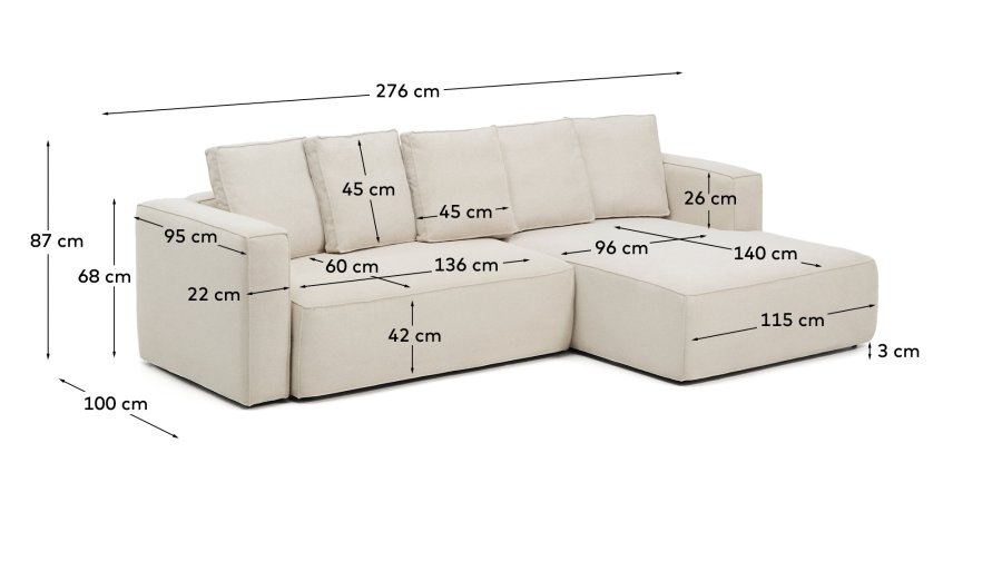 KAVE HOME Marela 3-pers. sovesofa, m. h�jre chaiselong - beige chenille (B:276cm)
