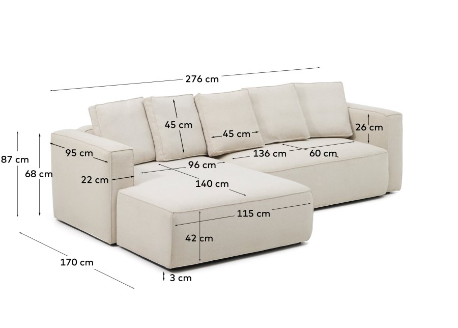 KAVE HOME Marela 3-pers. sovesofa, m. venstre chaiselong - beige chenille (B:276cm)