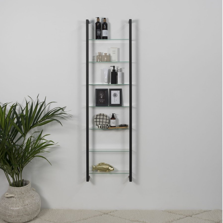 SPINDER DESIGN rektangulr kubisk bokhylle, m. 7 hyller - glass og sort stl (H: 167cm x 46cm x 13cm)