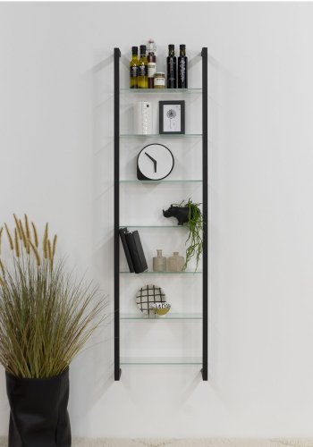 SPINDER DESIGN rektangulr kubisk bokhylle, m. 7 hyller - glass og sort stl (H: 167cm x 46cm x 13cm)