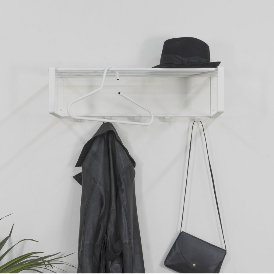 SPINDER DESIGN rektangulr Rex hattehylle, m. 5 knagger - hvitt stl