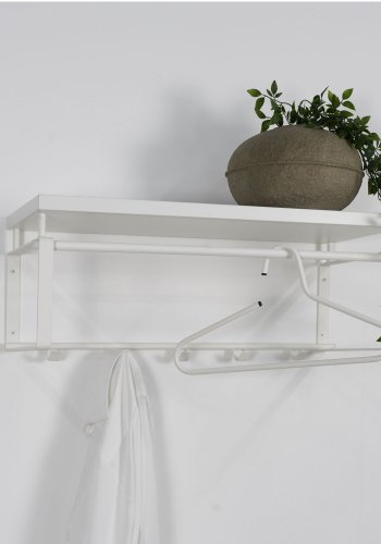 SPINDER DESIGN rektangulr Rex hattehylle, m. 5 knagger og hengerstang - hvit melamin og stl