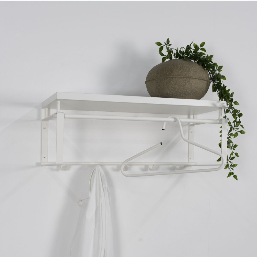 SPINDER DESIGN rektangulr Rex hattehylle, m. 5 knagger og hengerstang - hvit melamin og stl