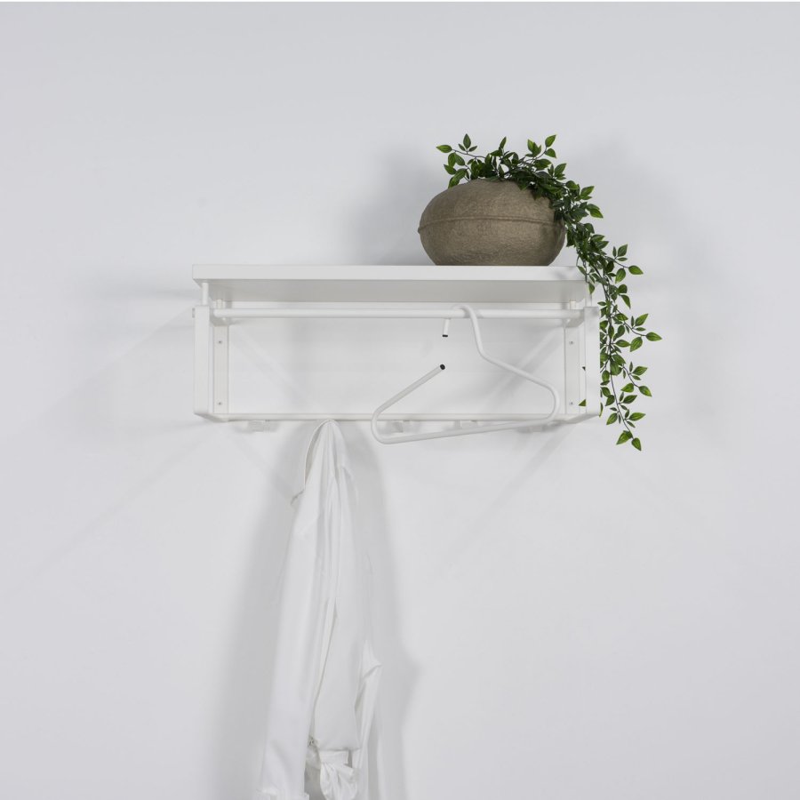 SPINDER DESIGN rektangulr Rex hattehylle, m. 5 knagger og hengerstang - hvit melamin og stl