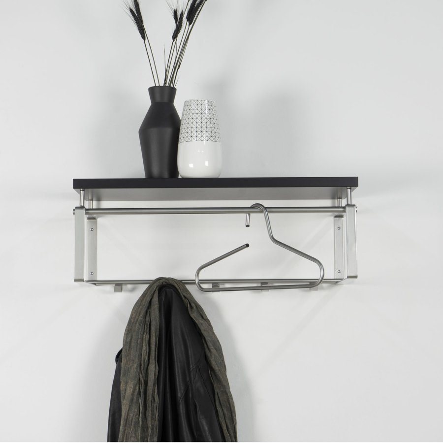 SPINDER DESIGN rektangulr Rex hattehylle, m. 5 knagger og hengerstang - gr melamin og stl