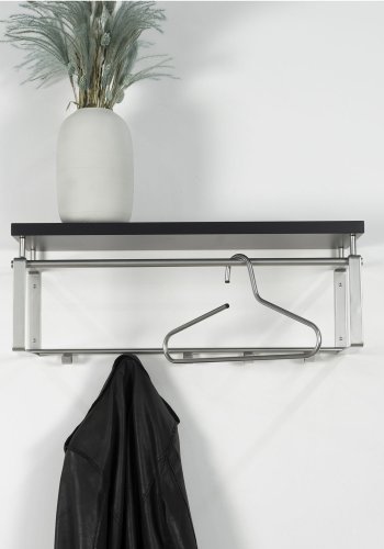 SPINDER DESIGN rektangulr Rex hattehylle, m. 5 knagger og hengerstang - gr melamin og stl