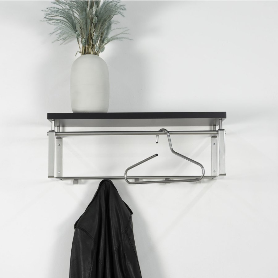 SPINDER DESIGN rektangulr Rex hattehylle, m. 5 knagger og hengerstang - gr melamin og stl