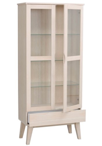 ROWICO Filippa vitrineskab, m. 2 lger og 1 skuffe - glas og hvidpigmenteret egetr