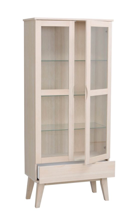 ROWICO Filippa vitrineskab, m. 2 lger og 1 skuffe - glas og hvidpigmenteret egetr