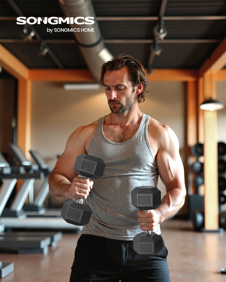 SONGMICS Hantelset, Paar sechseckige Hanteln, Gesamtgewicht 20 kg, Training, Fitnesstraining, Gewichtheben zu Hause, Fitnessstudio, Tintenschwarz SYL010B01