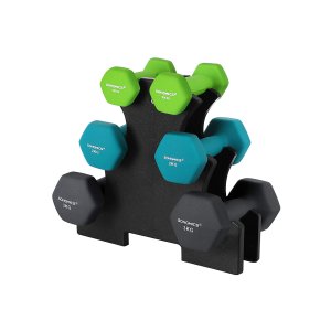 SONGMICS SYL612G02 hantel, med stativ, sexkantig - matt lime, bl�gr&ouml;n och m&ouml;rkgr� neopren (2x1kg, 2x2kg, 2x3kg) (set om 6)