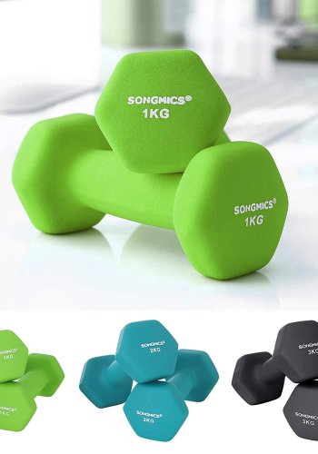 SONGMICS SYL612G02 Hantel, mit St&auml;nder, sechseckig - mattes Limettengr&uuml;n, blaugr&uuml;n und dunkelgraues Neopren (2x1kg, 2x2kg, 2x3kg) (6er-Set)