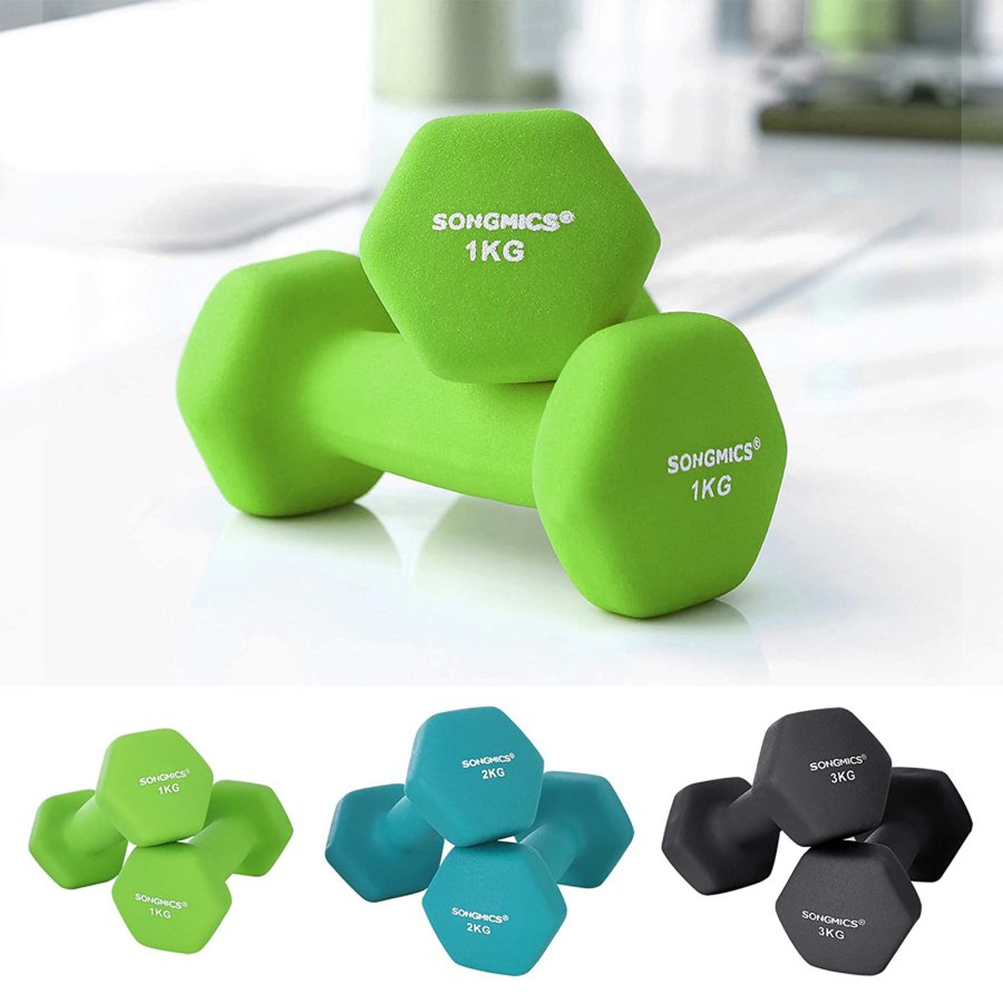 SONGMICS SYL612G02 Hantel, mit St&auml;nder, sechseckig - mattes Limettengr&uuml;n, blaugr&uuml;n und dunkelgraues Neopren (2x1kg, 2x2kg, 2x3kg) (6er-Set)