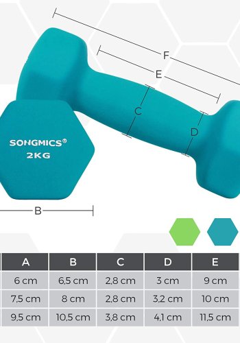 SONGMICS SYL612G02 Hantel, mit St&auml;nder, sechseckig - mattes Limettengr&uuml;n, blaugr&uuml;n und dunkelgraues Neopren (2x1kg, 2x2kg, 2x3kg) (6er-Set)