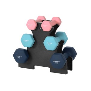 SONGMICS SYL612MK h�ndv�gt, m. stativ, sekskantet - mat pink, aqua og bl� neopren (2x1kg, 2x2kg, 2x3kg) (s�t med 6)