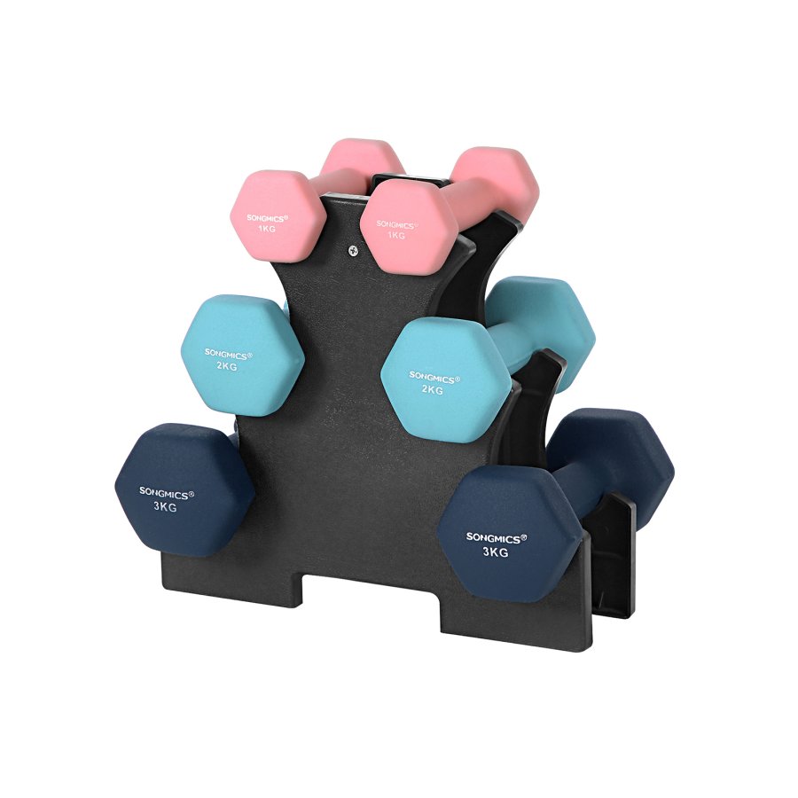 SONGMICS SYL612MK h�ndv�gt, m. stativ, sekskantet - mat pink, aqua og bl� neopren (2x1kg, 2x2kg, 2x3kg) (s�t med 6)