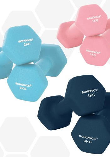 SONGMICS SYL612MK h�ndv�gt, m. stativ, sekskantet - mat pink, aqua og bl� neopren (2x1kg, 2x2kg, 2x3kg) (s�t med 6)