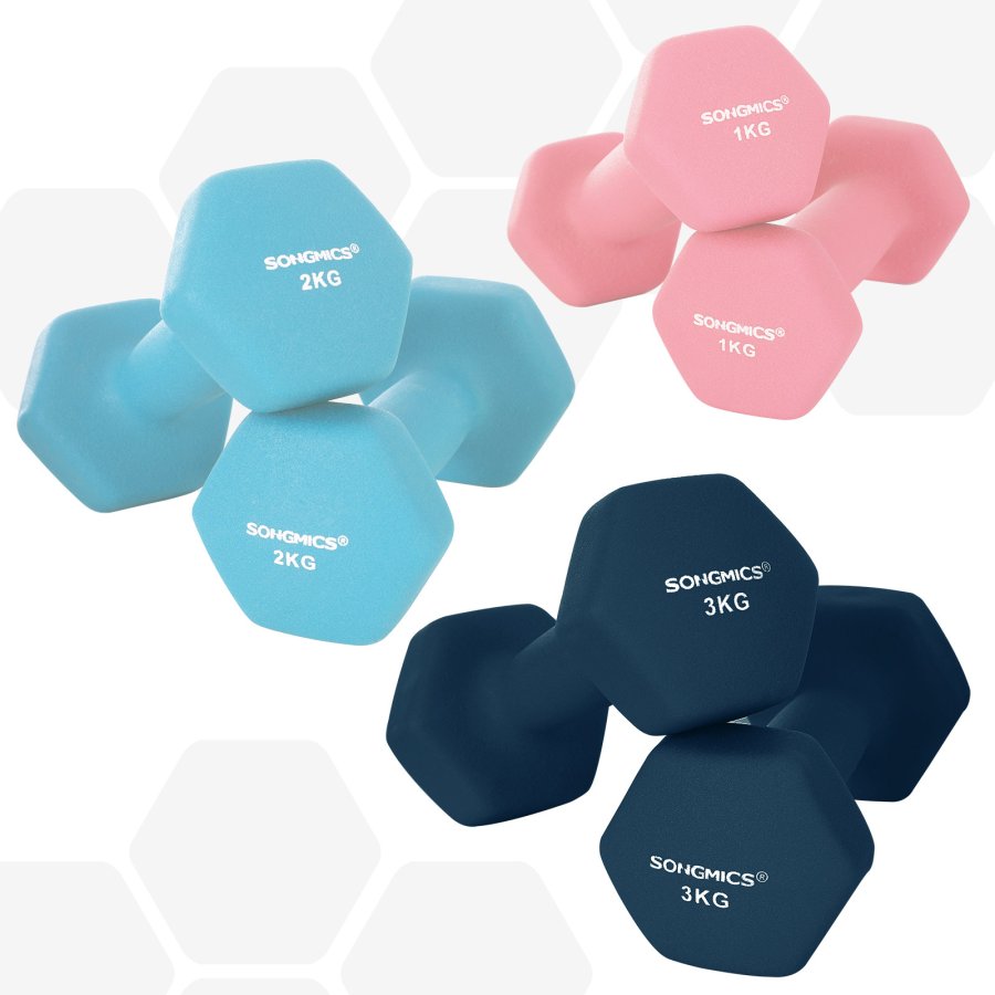 SONGMICS SYL612MK h�ndv�gt, m. stativ, sekskantet - mat pink, aqua og bl� neopren (2x1kg, 2x2kg, 2x3kg) (s�t med 6)