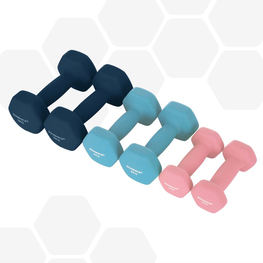 SONGMICS SYL612MK h�ndv�gt, m. stativ, sekskantet - mat pink, aqua og bl� neopren (2x1kg, 2x2kg, 2x3kg) (s�t med 6)