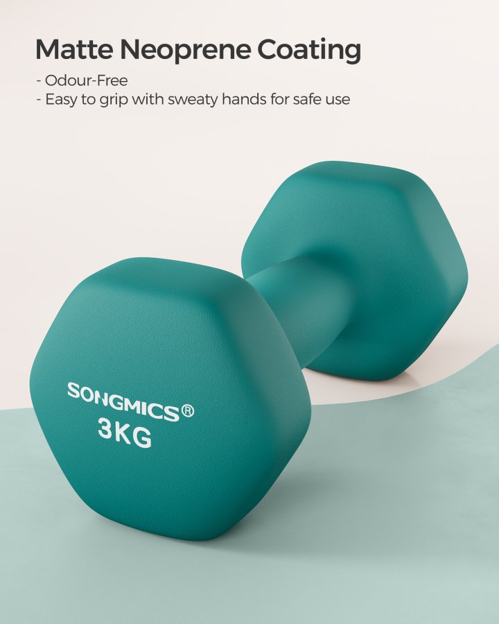 Set mit 2 sechseckigen Neopren-Hanteln, 2 x 3 kg, mit Hantelstangen, Heimtraining, t&uuml;rkis