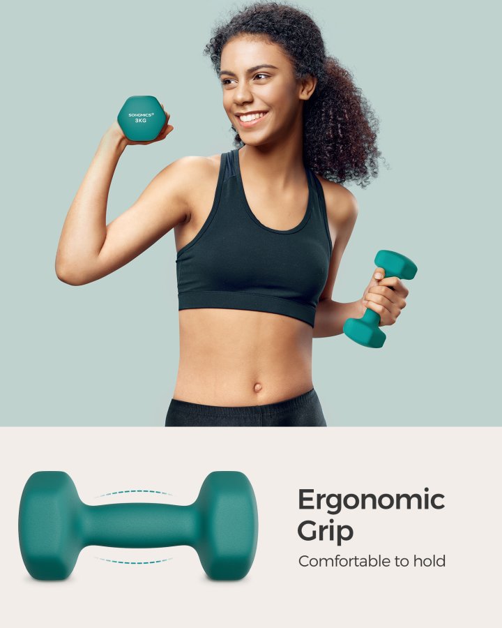 Set mit 2 sechseckigen Neopren-Hanteln, 2 x 3 kg, mit Hantelstangen, Heimtraining, t&uuml;rkis