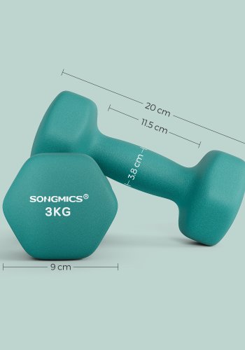 Set mit 2 sechseckigen Neopren-Hanteln, 2 x 3 kg, mit Hantelstangen, Heimtraining, t&uuml;rkis